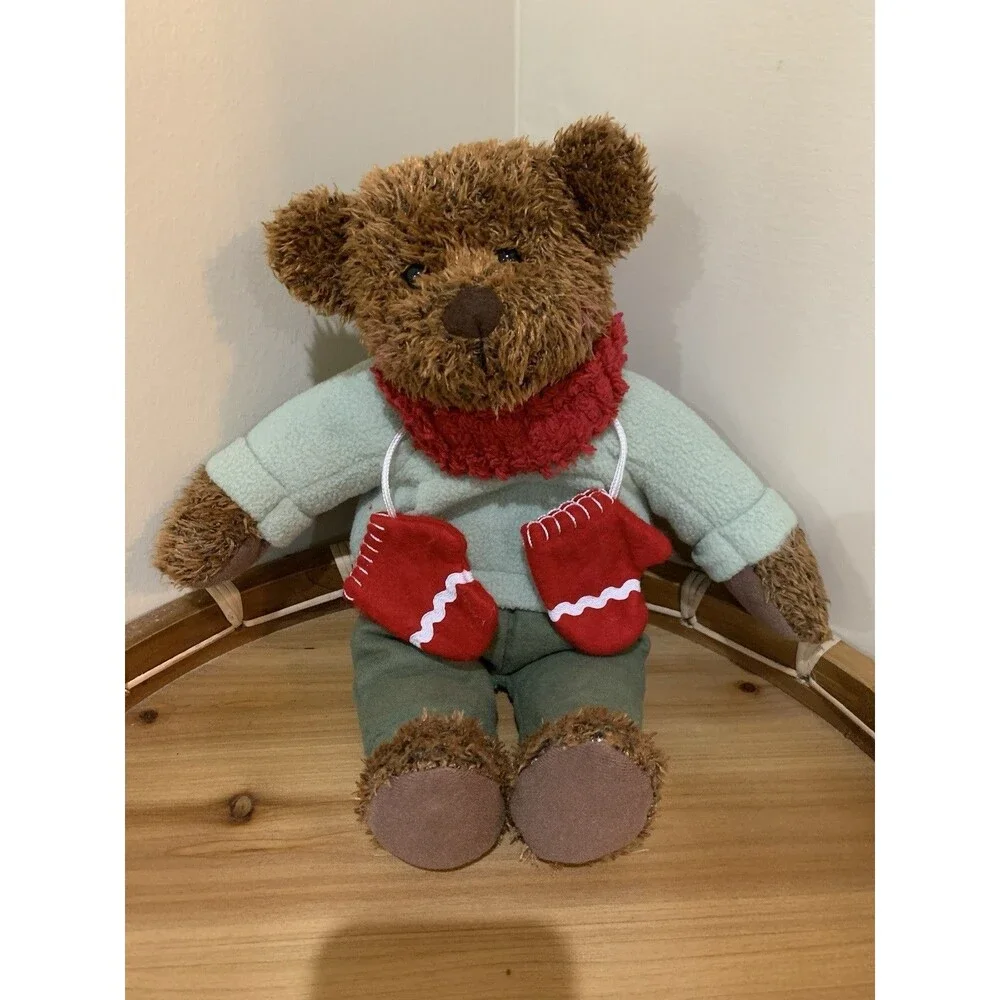 Hallmark Teddy Bear Stuffed Animal Brown Red Scarf & Mittens Green Shirt